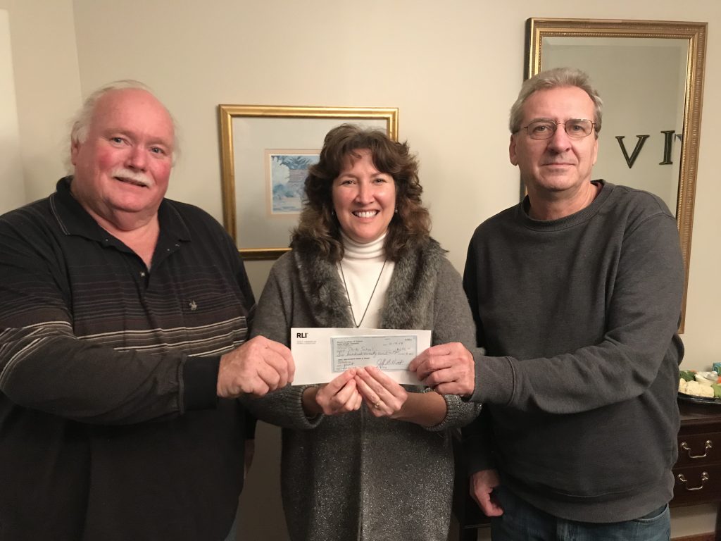 Jim Travis and Frank Hitchell  awarding 2019 science grant to Marj Oesch (L. E. Starke School, Pekin)